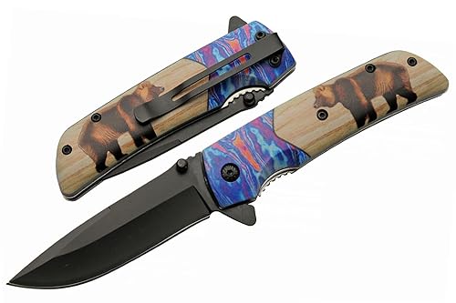 SZCO Supplies Cuchillo plegable al aire libre de 8 "Bear Printed Assisted Open Liner Lock EDC para exteriores, marrón