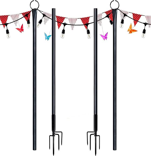 SURNIE Outdoor Garden Festoon Lights Pole - 2Pack 9ft Tall Metal Holder Poles for Hanging String Lighting Decorations Like LED Solar Bulbs, Lanterns, Buntings etc.