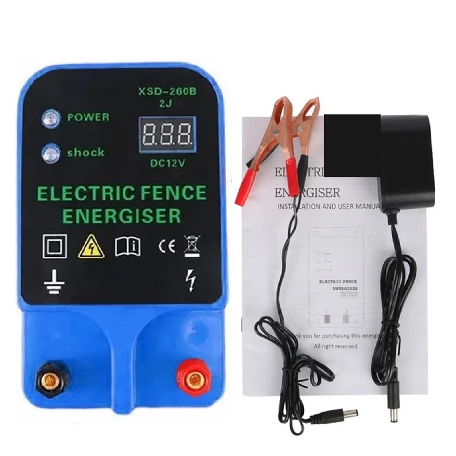 Kontroler ogrodzenia solarnego dla zwierząt hodowlanych LCD elektryczny elektryzator wyświetlacz napięcia Alarm o wysokim poziomie decybeli 10 km wodoodporny Żywy inwentarz(Blauw)