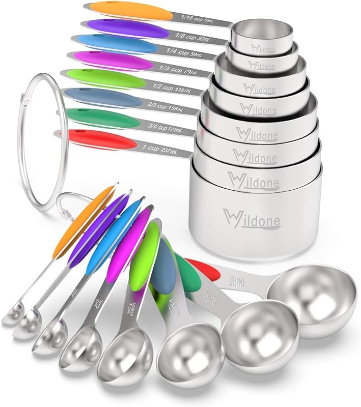 Stainless Measuring Cups and Spoons Set with Silicone Handle, 16pcs | 8 Measuring Cups and 8 Measuring Spoons, Nesting Design, Heavy Duty for Measuring Dry/Liquid Ingredients, Multicolor