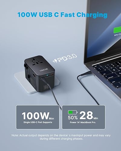 Miniatura 2 de VINTAR - Adaptador de viaje universal, adaptador de corriente internacional GaN de 100 W con 3 USB C PD y 1 USB A QC, adaptador de enchufe todo en