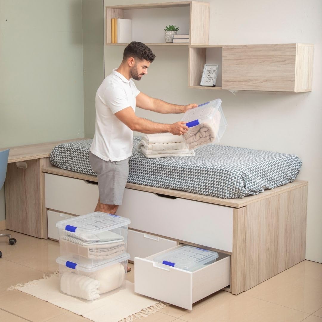 PlasticForte – Pack de Cajas de Almacenamiento de 25 y 16 L con Tapa - Plástico Resistente, Apilables y Transparentes - Organizador (Azul, Pack 4, 25, Litros)