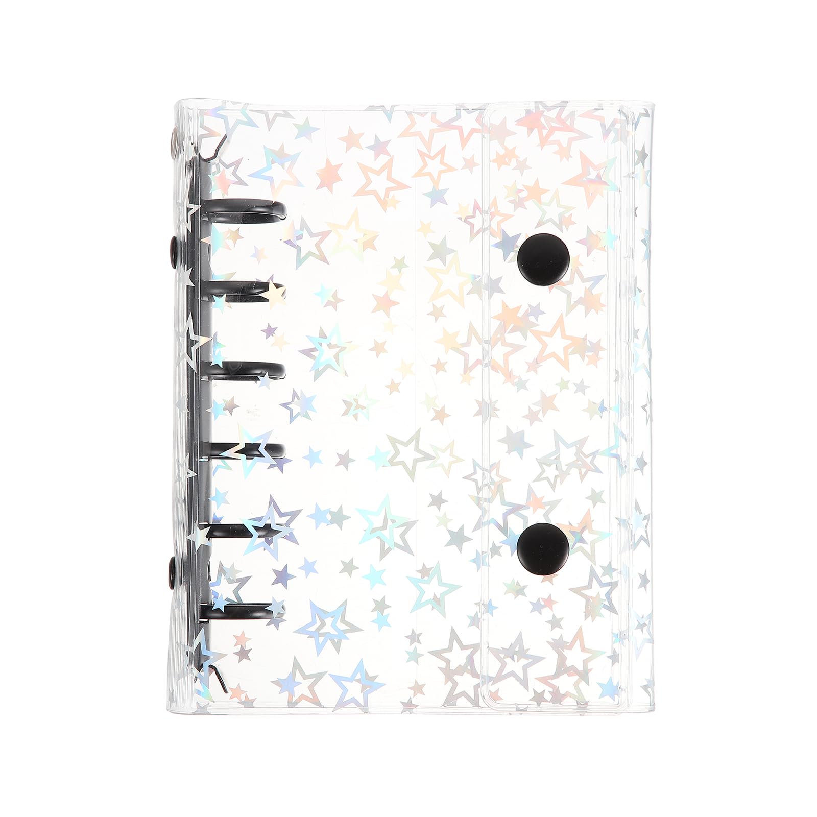 PATIKIL A7 Binder Cover, 6 Ring Glitter Stars Pattern Soft PVC Loose Leaf File Folder Notebook Shell Refillable Sheet Protector with 2 Snaps Button for Budget Planner, Black Clip
