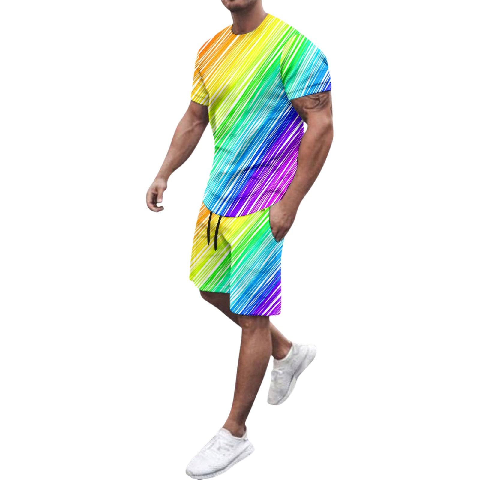 Pride Outfit Men's LGBTQ Rainbow Suit with Rainbow T-Shirt and Shorts CSD Party Jogging Suit Rainbow Flag Tracksuit Neon Colourful Summer Festival Outfits Fitness Tracksuit