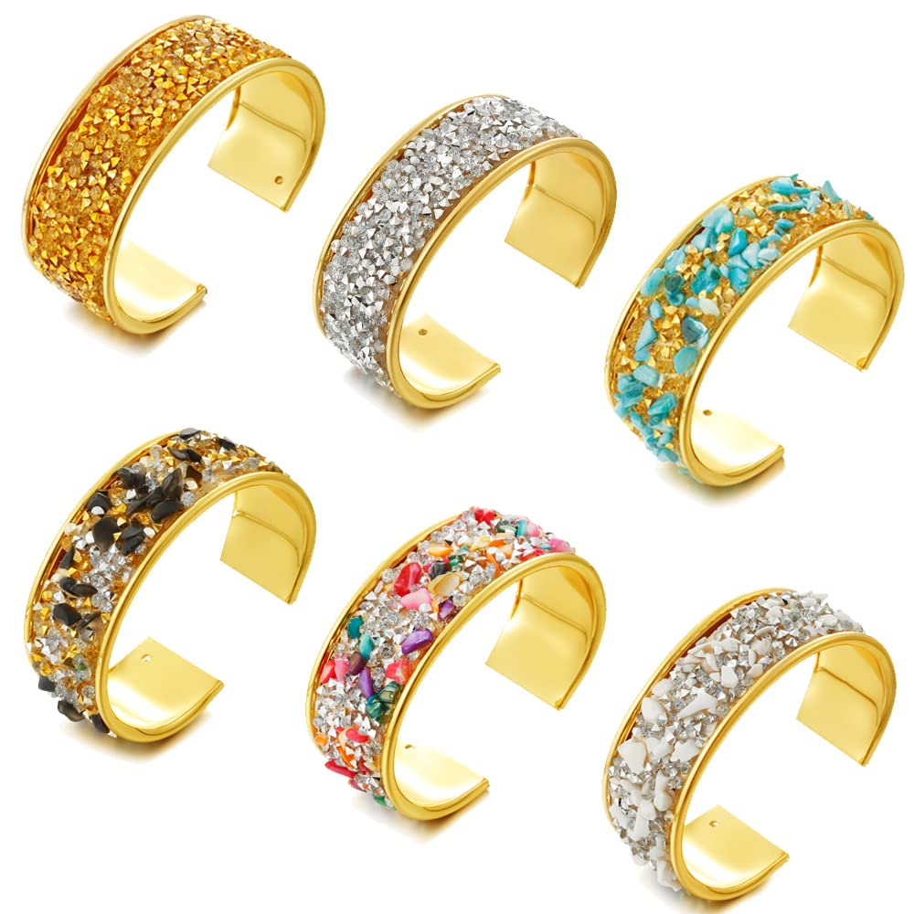 BOMAIL6PCS Wide Cuff Bangle Bracelet for Women Rhinestone Cuff Bracelet Studded with Stones Statement Adjustable Bracelet