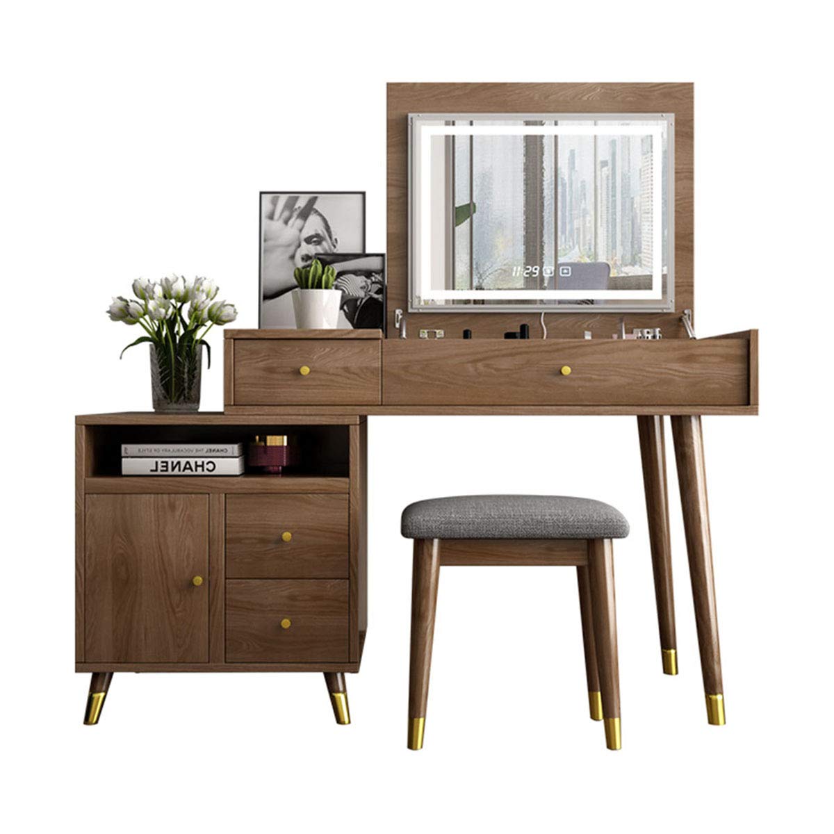 Tocador - Juego de tocador - Escritorio de maquillaje con espejo con luz LED tipo almeja, taburete acolchado y gabinete de almacenamiento, tocador con tiempo/temperatura + configuración Bluetooth para