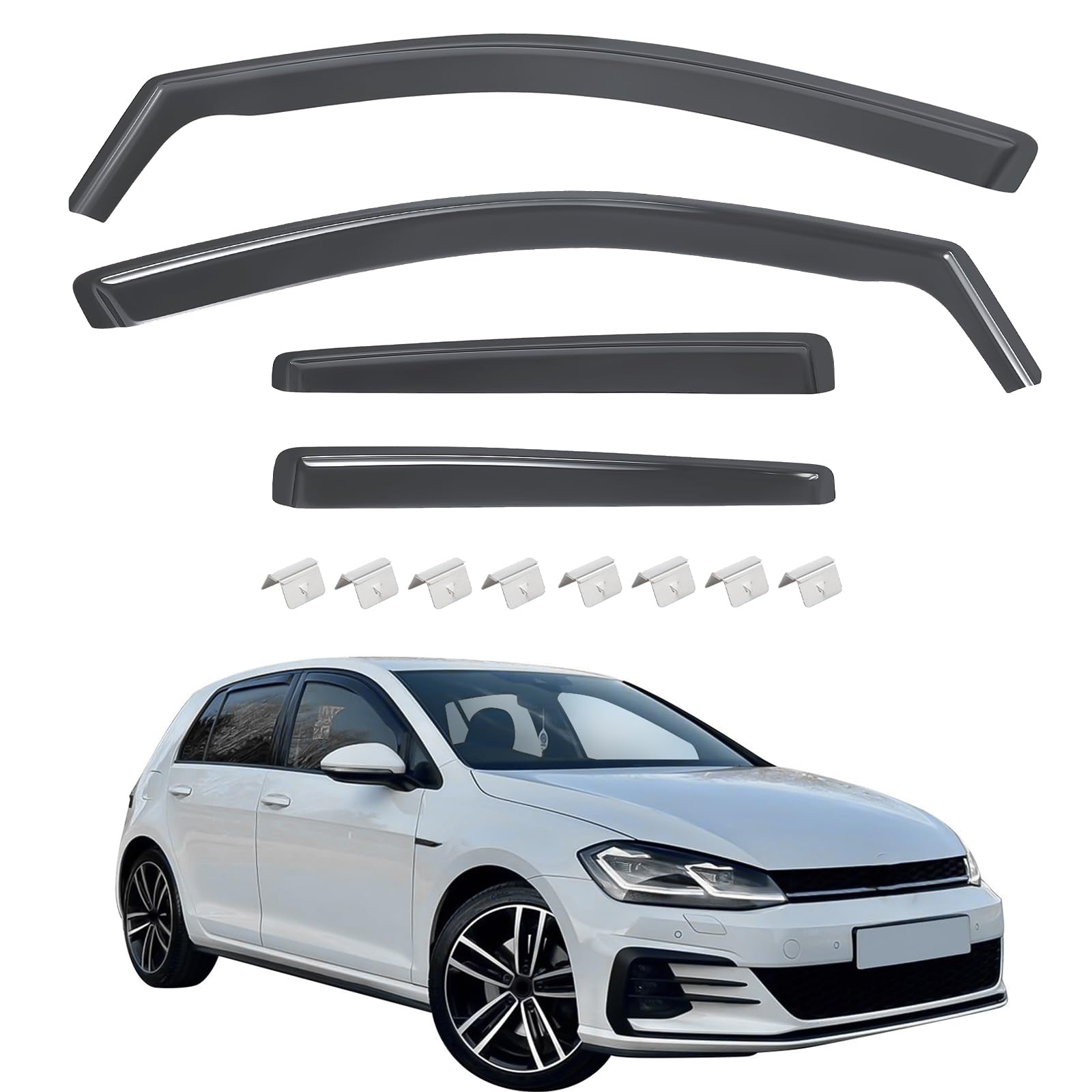 Windabweiser Regenabweiser kompatibel mit VW Golf 7 / VII 2012-2019 5-türig, Selbstklebend Tape-On Autofenster Regenschutz Regenabweiser Deflektoren, 4-TLG Set, Rauchgrau, Vorne,Aerodynamisch
