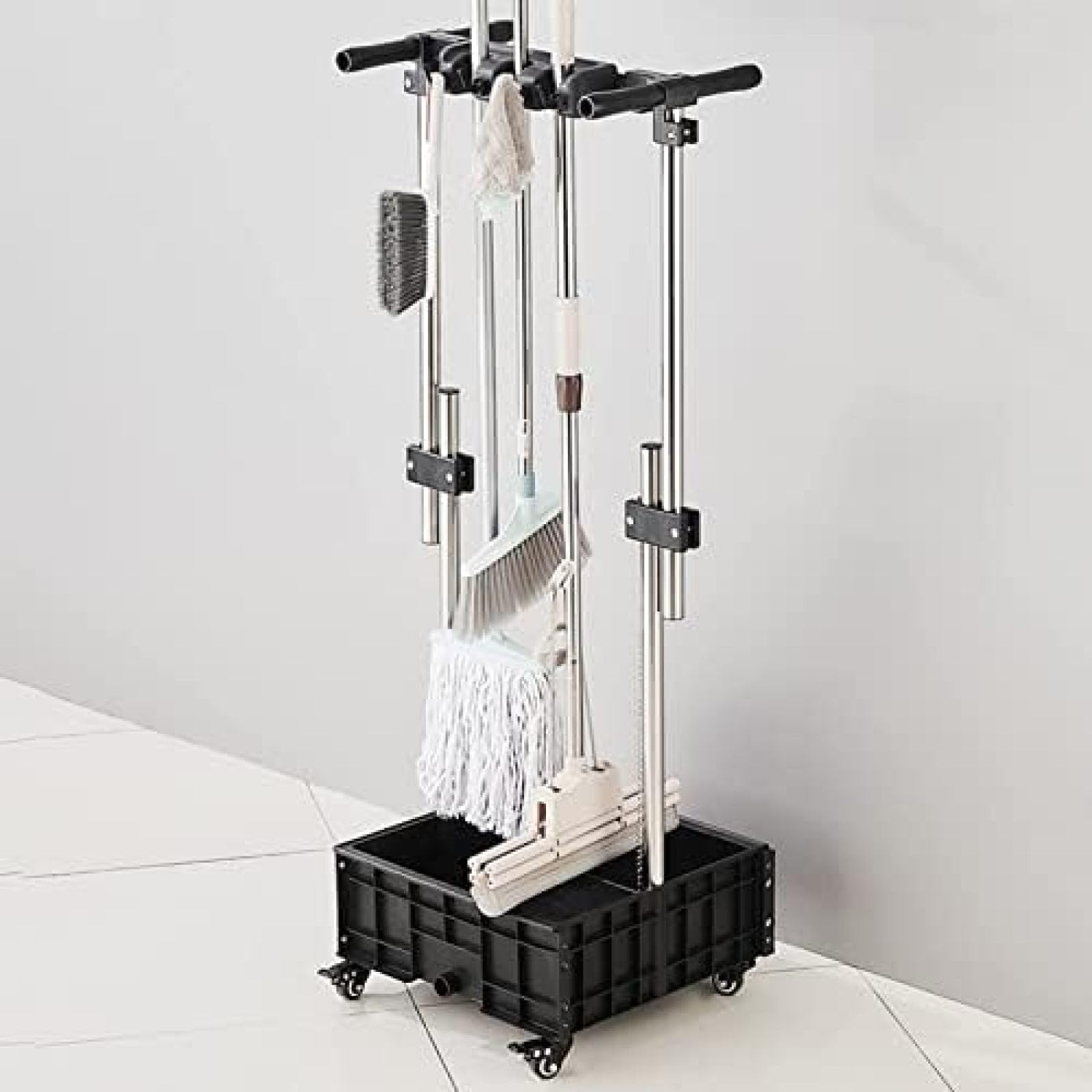 Soporte para escobas y fregonas, organizador de pared para garaje, cocina y taller, estante de herramientas que ahorra espacio para fregonas húmedas, escobas y suministros de limpieza, construcción