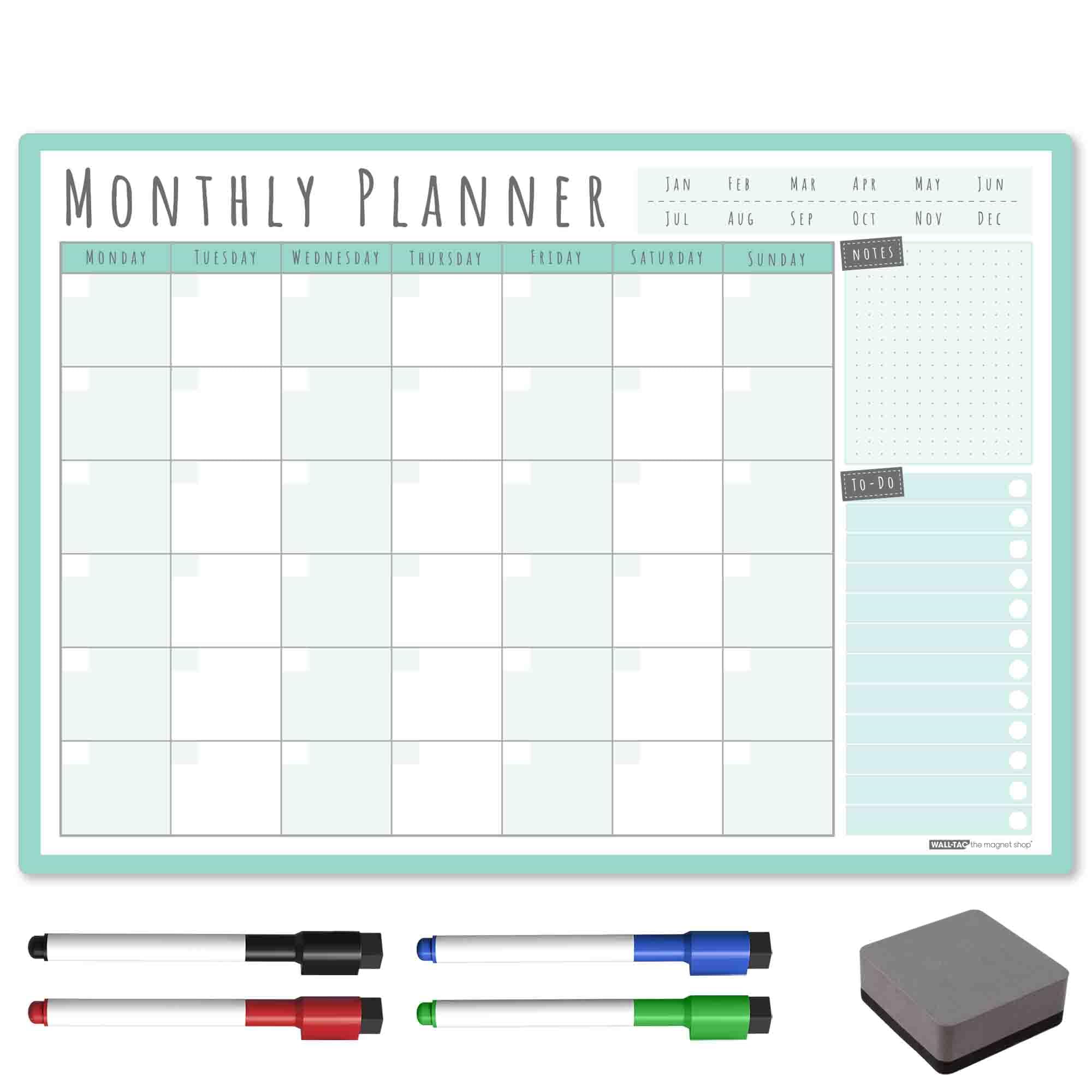 TMS A3 Weekly Planner Whiteboard | Magnetic Calendar for Fridge and Dry Wipe Pens | Meal or Family Planner for Kitchen (Mint, A3-Monthly)