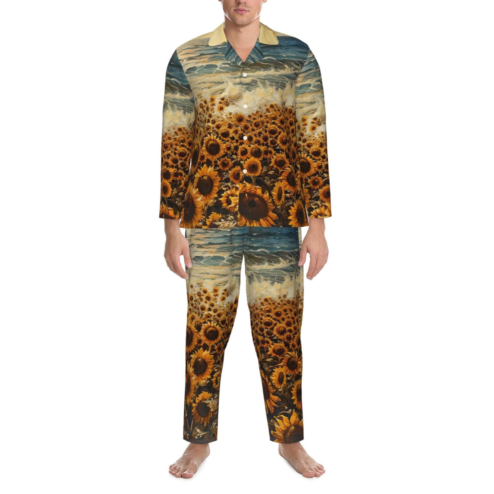 Set pigiama a maniche lunghe da uomo con stampa di girasoli marini vestito a due pezzi traspirante accogliente Weekend Loungewear