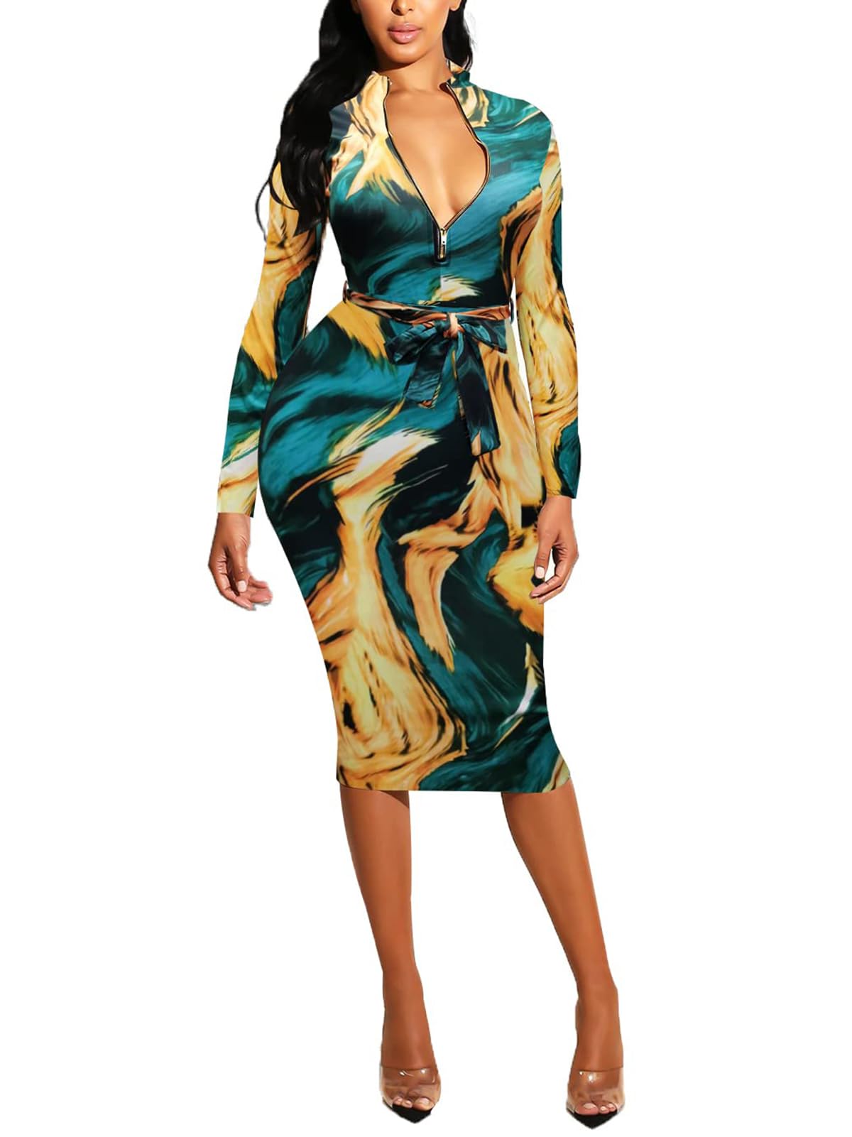 ECHOINE Vestido sexy con estampado floral, cuello en V, manga larga, cremallera frontal, elástico, entallado, para oficina, trabajo, con cinturón