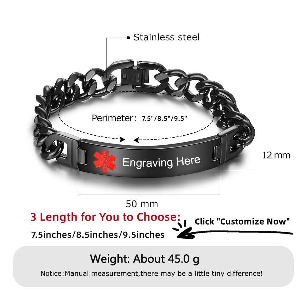 Nameinhea Custom Medical Alert Bracelets for Women Men Free Engraved Adjustable Stainless Steel Waterproof Emergency Medical ID Bracelets Allergy Wristband