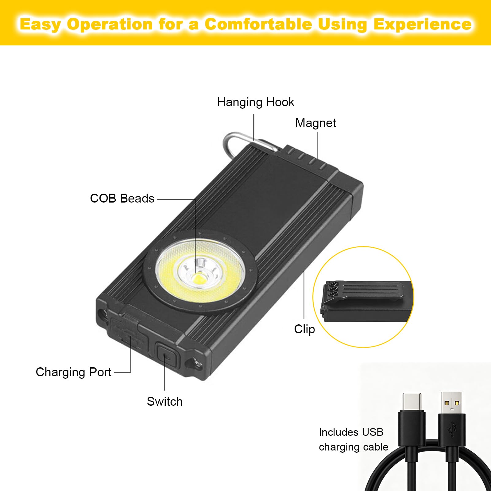 Torcia portachiavi, 500 lumen, ricaricabile, mini luce portatile con magnete e portatile, luce tascabile EDC per campeggio, escursionismo, emergenza