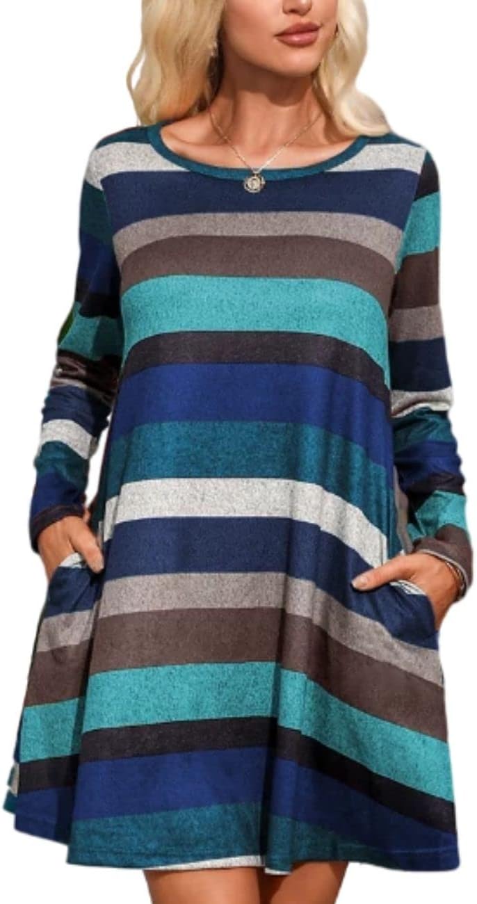 Women's Long Sleeve Striped Tunic Tops for Leggings Casual Swing Dress with Pockets
