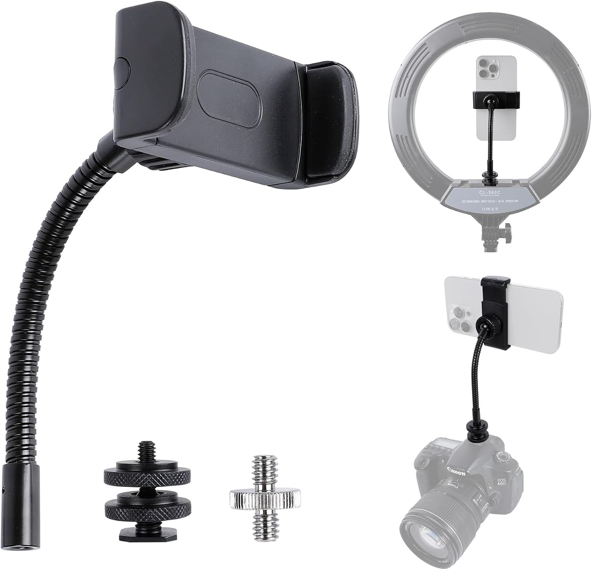 Universal Phone Holder for Ring Light, 1/4"-20 and Hot Shoe Adapter, Flexible Phone Mount for Ring Light and Tripod Stand Replacement
