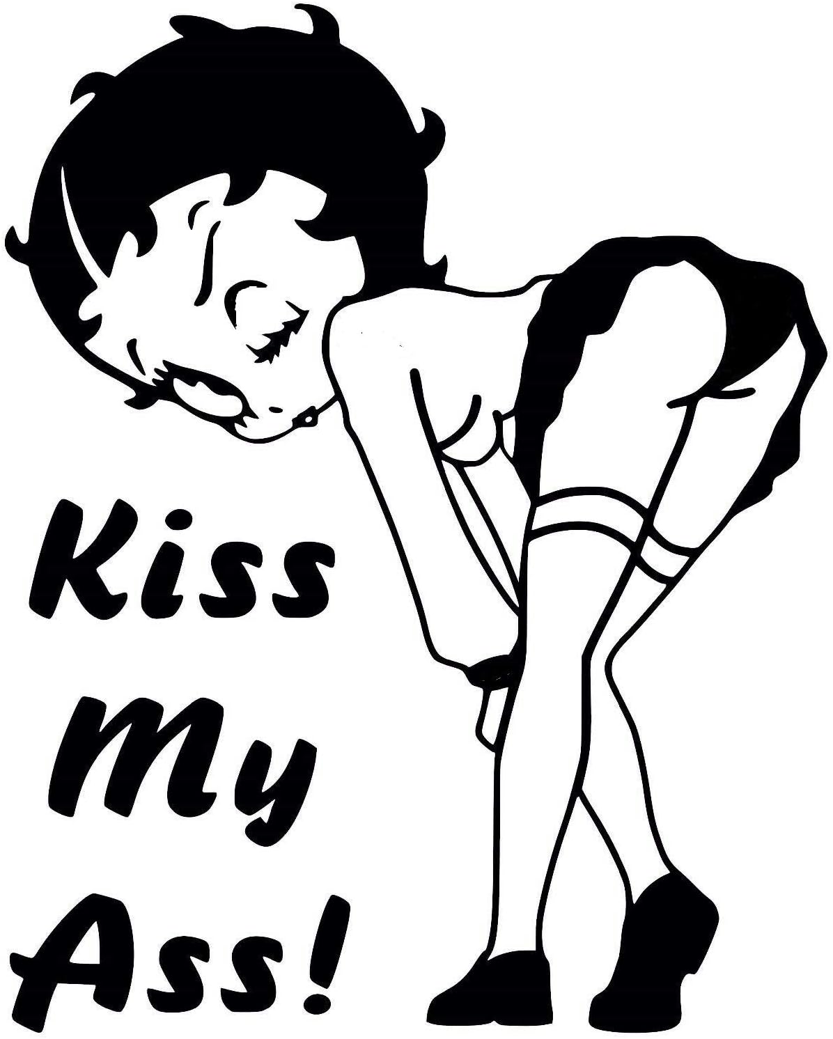 zzbbkkzz Betty Boop Funny Fan Art 6" Tall Kiss My Ass Classic Cartoon Character Logo Die Cut Decal - Black Color.