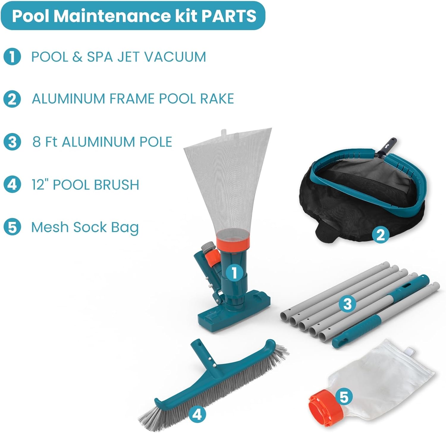 Above Ground Pool Cleaning Kit with Garden Hose Pool Vacuum, Aluminum Frame Leaf Rake Net, Wall Brush and 8Ft Pole for Remove Leaves & Debris