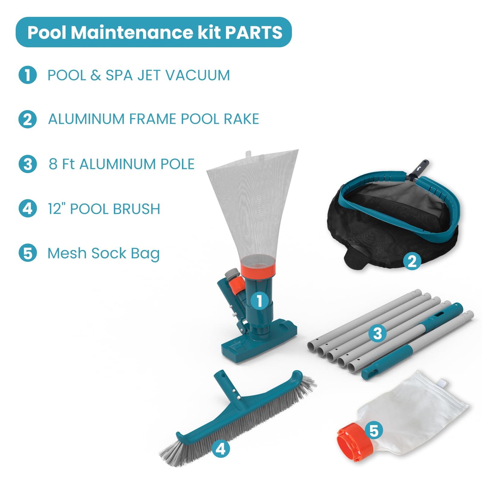 Pool-Reinigungsset für oberirdische Pools, Gartenschlauch, Pool-Staubsauger, Aluminiumrahmen, Laubbesen, Wandbürste und 2,4 m Stange zum Entfernen von Blättern und Schmutz
