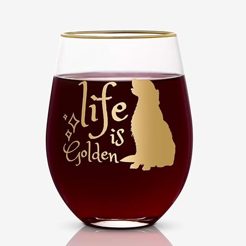 Copa de vino sin tallo diseño de perro La vida es dorada
