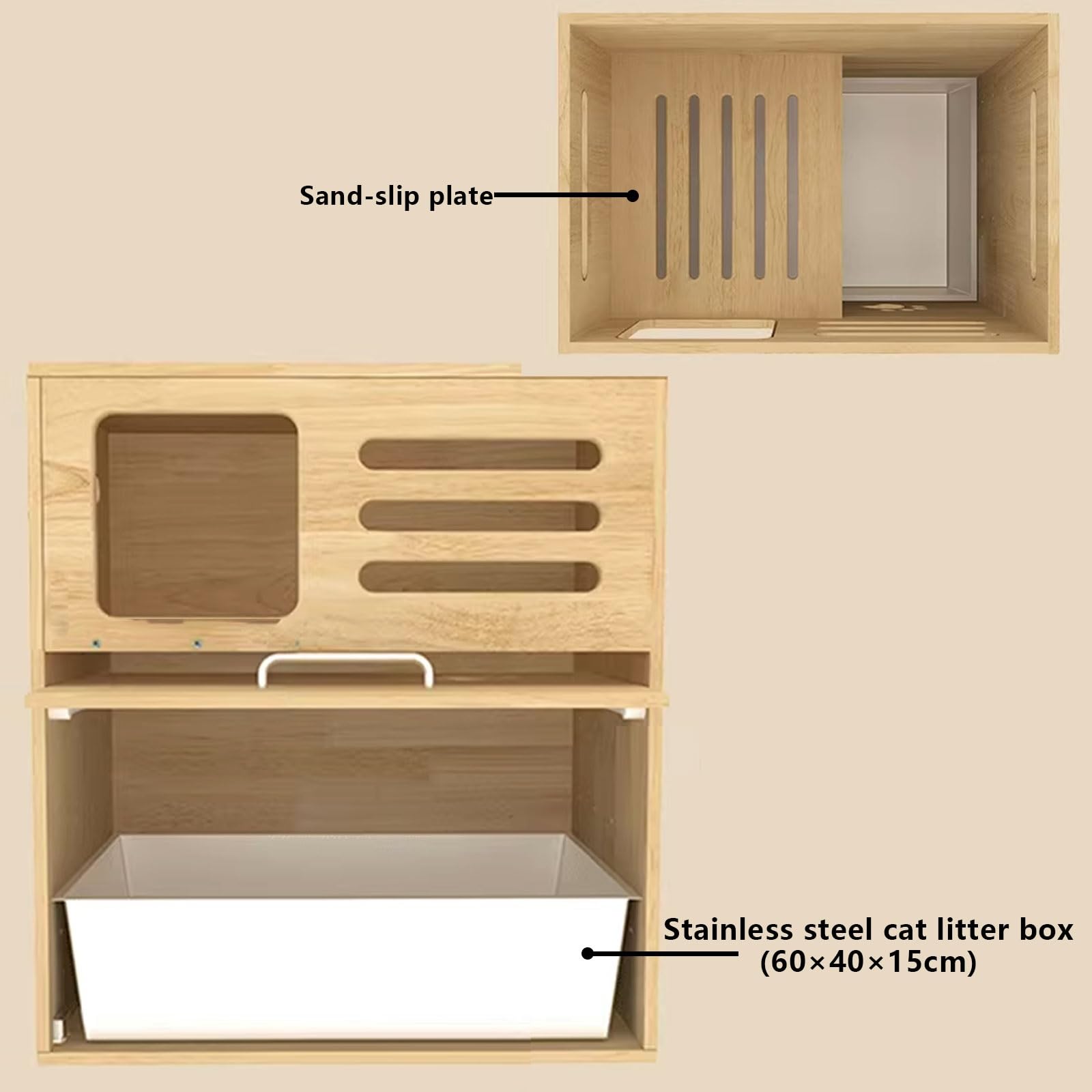 Mobile Gatto Multifunzione Cat Cabinet Litter Box Legno Di Caucciù Da 15 Mm Dotato Di Canale Di Drenaggio for La Sabbia for Gatti Con Porta E Divisorio Separato Step Armadietto(63 * 43 * 70cm)