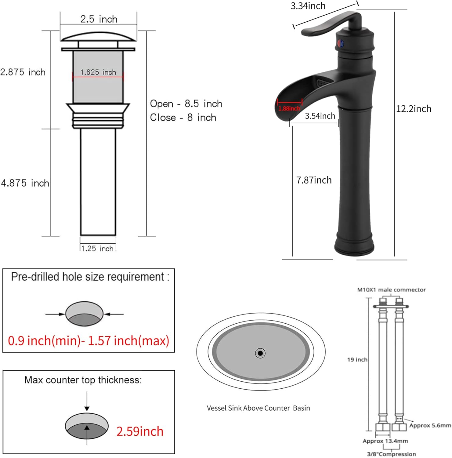 Matte Black Bathroom Faucet GGStudy Single Handle One Hole Farmhouse Waterfall Bathroom Vessel Sink Faucet Black Matching with Pop Up Drain