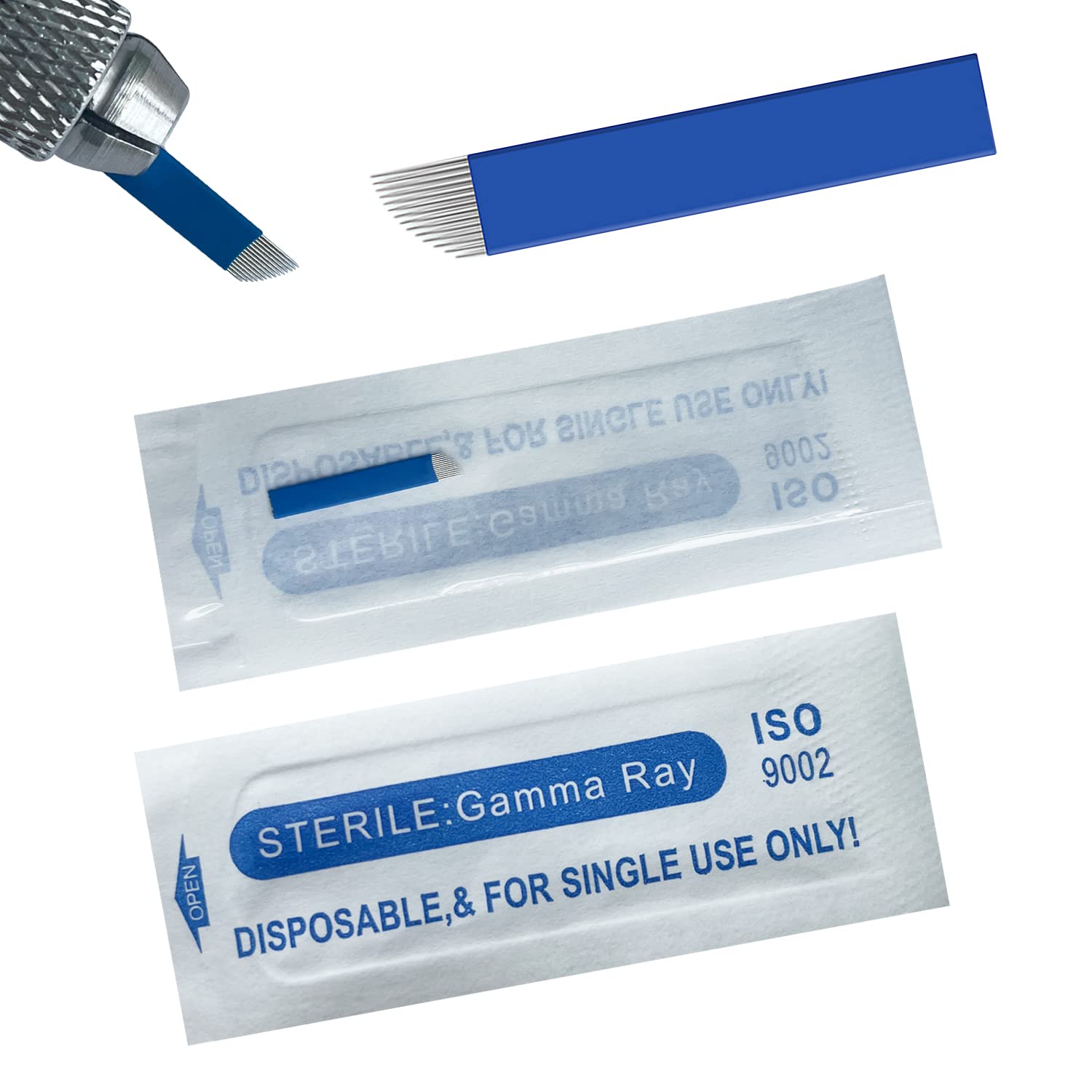 S14 30pcs Eyebrow Microblading Needles with 0.20mm Diameter,Disposable Lip Tattooing Microblades Permanent Makeup Blades -Blue 14 Sloped Needles