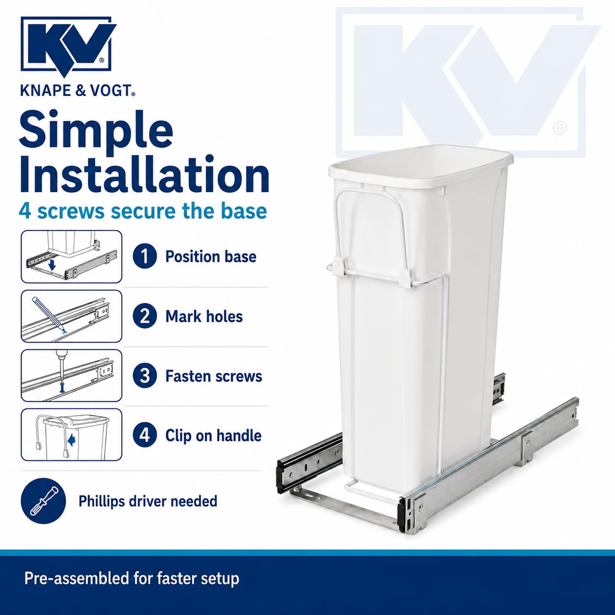 Knape & Vogt RS-PSW9-1-20-W Abfalleimer, 43,2 x 20,3 cm (H x B x T), Stahl, 20 Qt. Einzelner weißer ausziehbarer Mülleimer