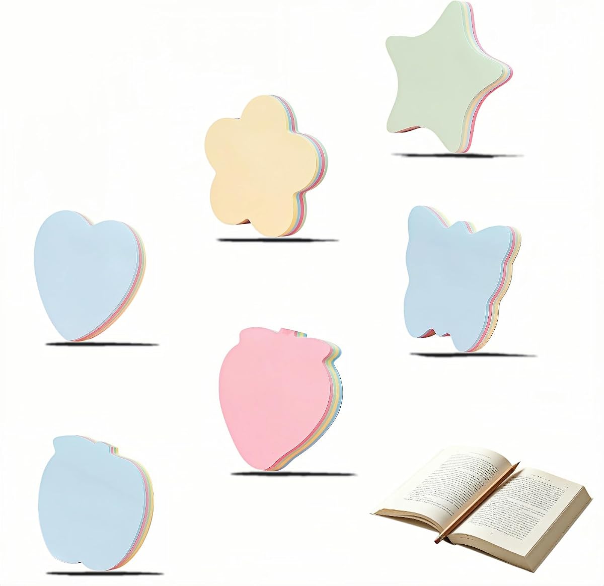 Cute Shape Sticky Notes, 6 Styles, 100 Sheets Each, 600 Total, Heart, Star, Apple, Strawberry, Flower, Butterfly, 4 Pastel Colors Ideal for Office School Home