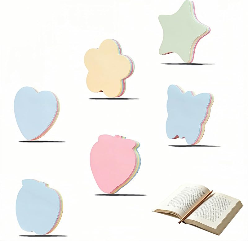 Cute Shape Sticky Notes, 6 Styles, 100 Sheets Each, 600 Total, Heart, Star, Apple, Strawberry, Flower, Butterfly, 4 Pastel Colors Ideal for Office School Home
