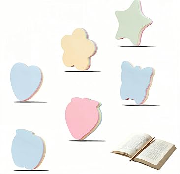 Cute Shape Sticky Notes, 6 Styles, 100 Sheets Each, 600 Total, Heart, Star, Apple, Strawberry, Flower, Butterfly, 4 Pastel Colors Ideal for Office School Home