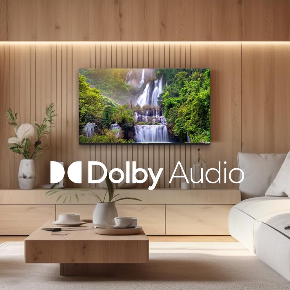 Sharp Roku TV displaying a scene with a waterfall and 'Dolby Audio' logo.