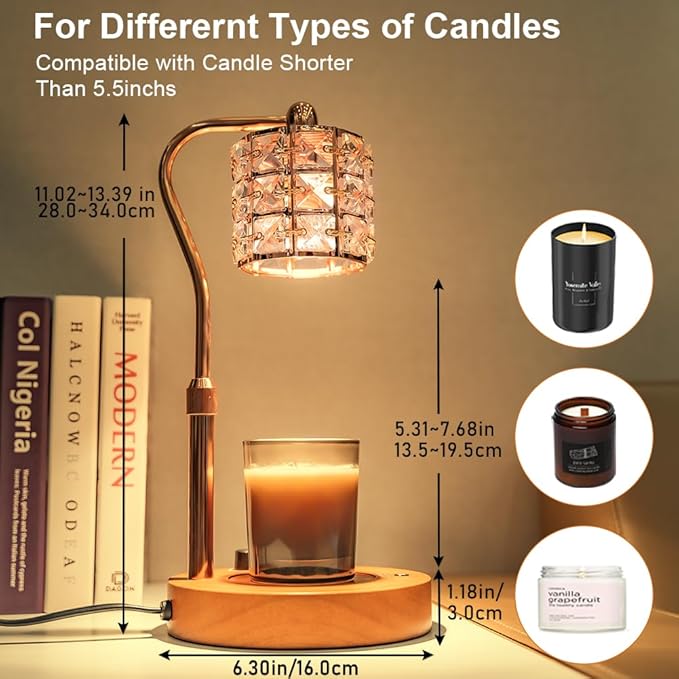 WOLDFY Candle Warmer Lamp with Timer, Candle Warmer Adjustable Height with 2 Bulbs, Dimmable Electric Candles Warming Lamp for Scented Jar Candles, Gold photo 2