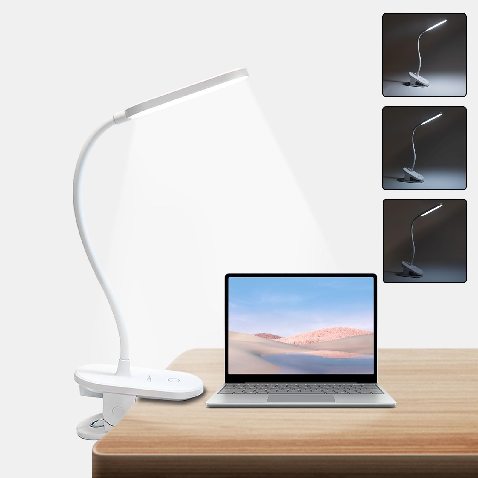 LQWELL® Clamp LED Desk Lamp, Dimmable Reading Light with Battery with Clip, 3 Brightness Levels and 360° Flexible for Home Office (White)