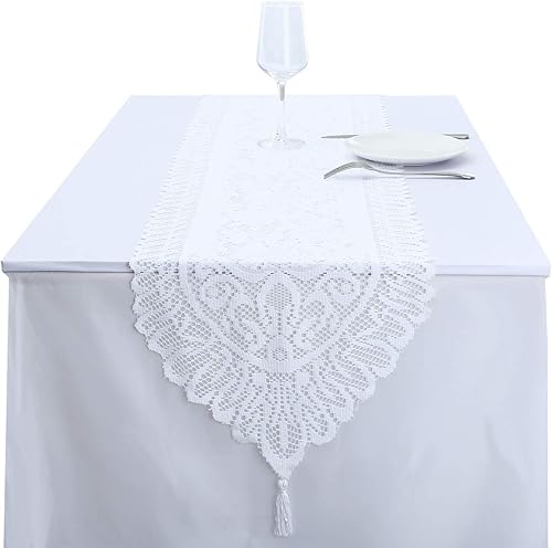 Miniatura 5 de rockcloud Camino de mesa de encaje para decoración de banquetes de boda, decoración de mesa de fiesta de Navidad, blanco, 13 x 54 pulgadas