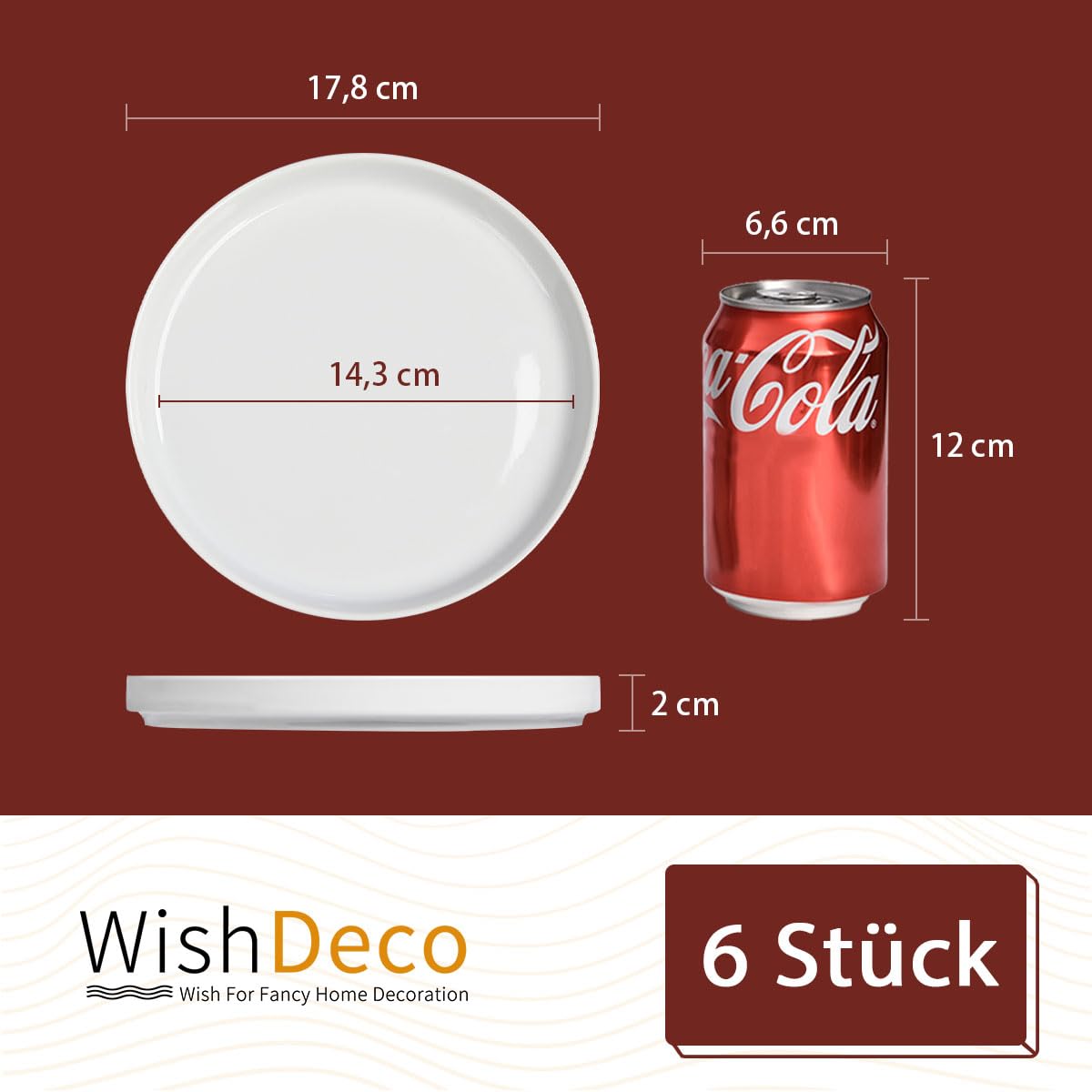 WishDeco Lot de 6 Assiettes à Dessert, Assiette Blanche Porcelaine 18 cm, Petite Assiette Ronde avec Rebord, Plat Ceramique pour Gâteau, Pain, Salade, Pâtes, Fruits