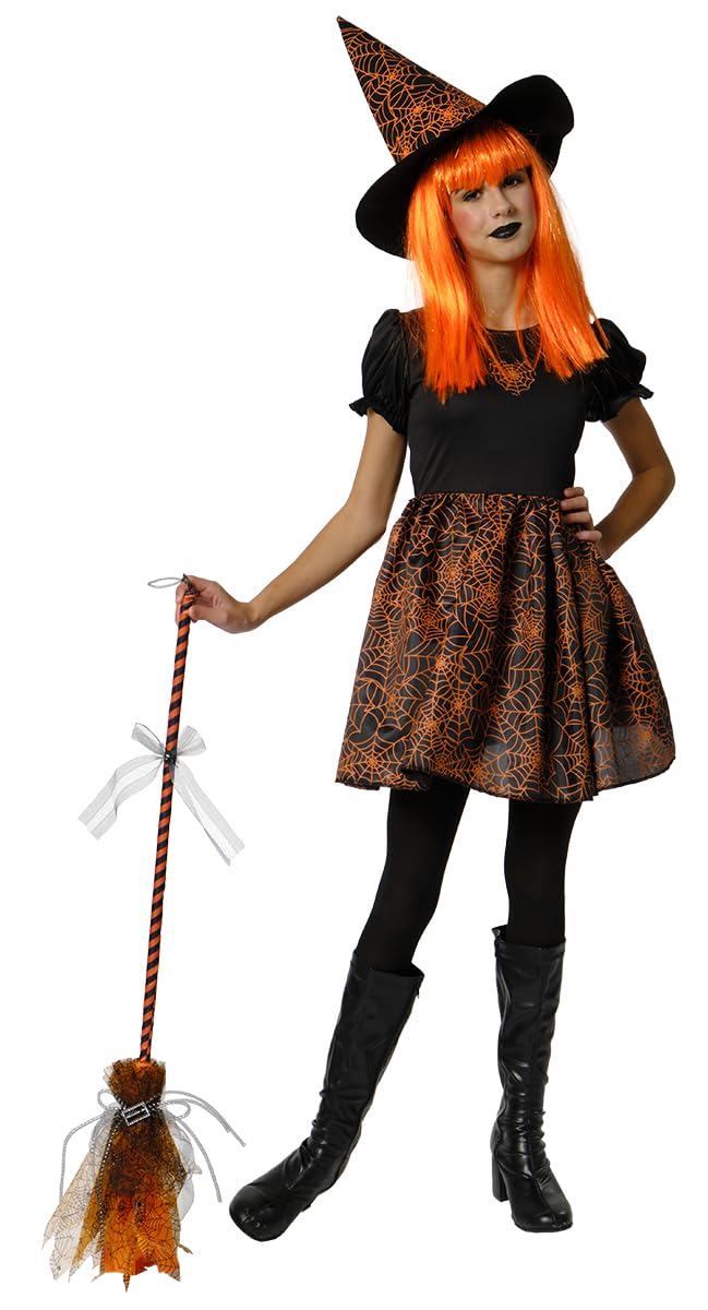 Rubies Disfraz Bruja Spiderweb Neon para niñas, Vestido y sombrero, Color Naranja, Brujas, Witches para Halloween, Fiestas, Carnaval, cumpleaños y cosplay