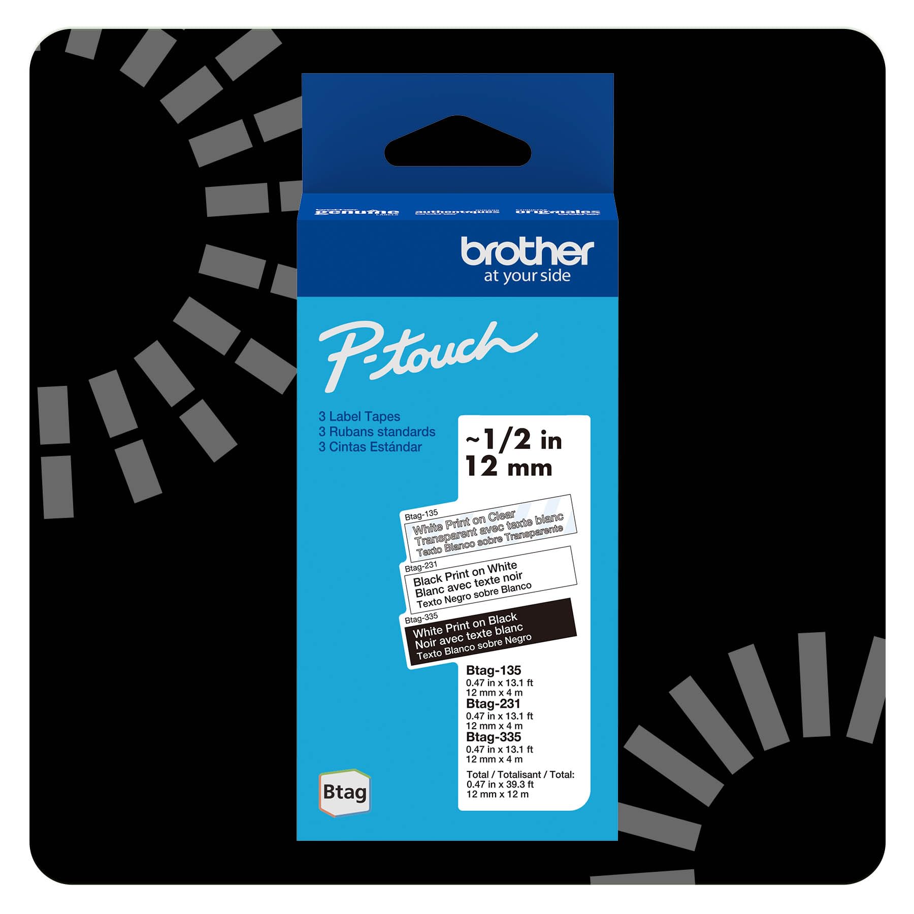 Brother Genuine Btag 3-Pack of ½”(0.47”) x 13.1 ft. (4m) Label Tapes: White Print on Clear Label Tape, Black Print on White Label Tape, White Print on Black Label Tape