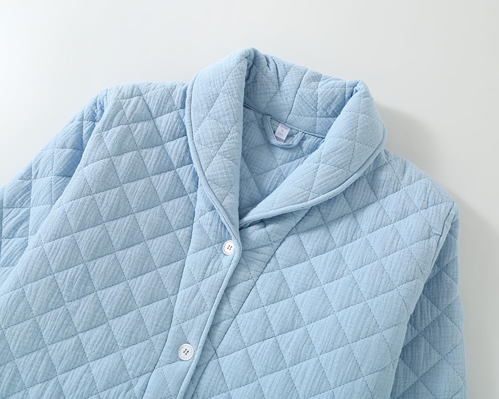 Damen-Wintermantel aus Baumwollgaze,Warmer Dicker gesteppter Hausmantel mit Knöpfen,Lockerer Saunaanzug Yukata-Bademantel,Light Blue,XXL