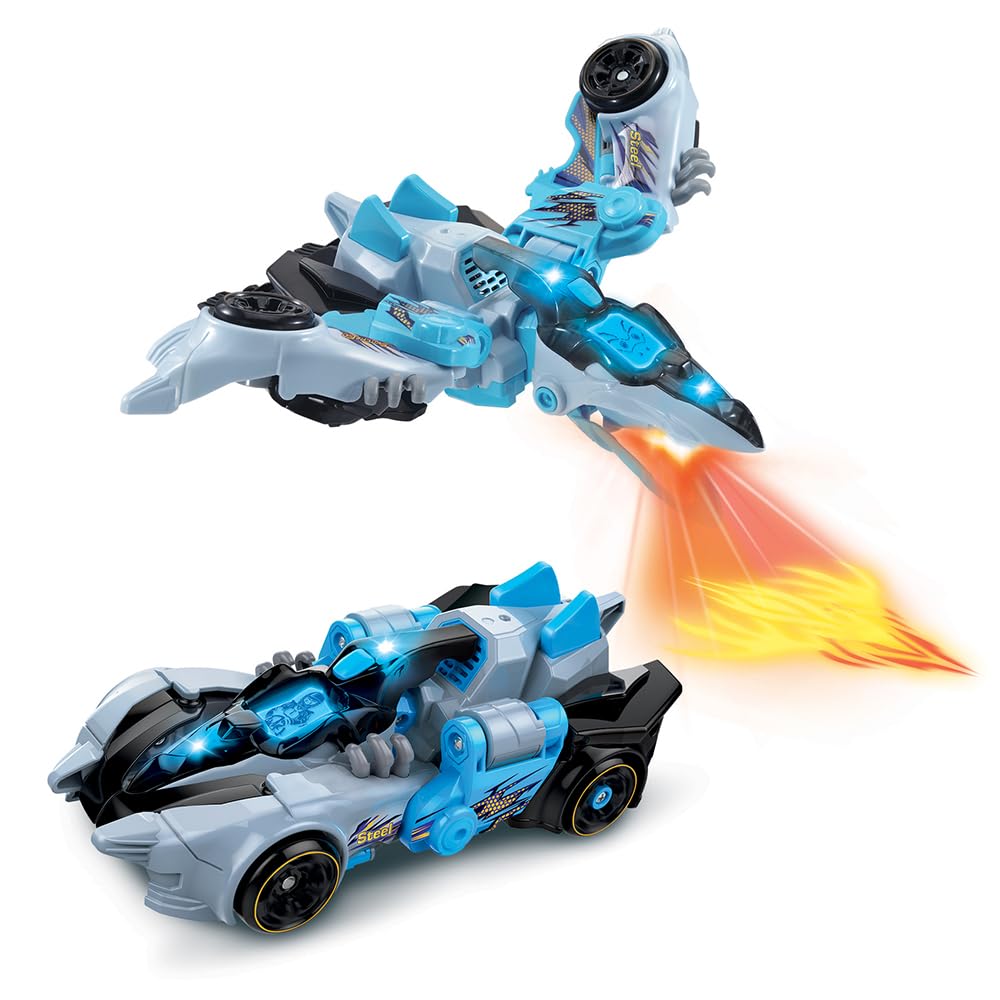 VTech – Switch & Go Dinos Fire, Dinosaurio Sonore Steel, el Super Pterodáctilo, Juguete 2 en 1 Transformable en Coche de Carreras, proyecciones Luminosas, Para niños a Partir de 4 años, Francés