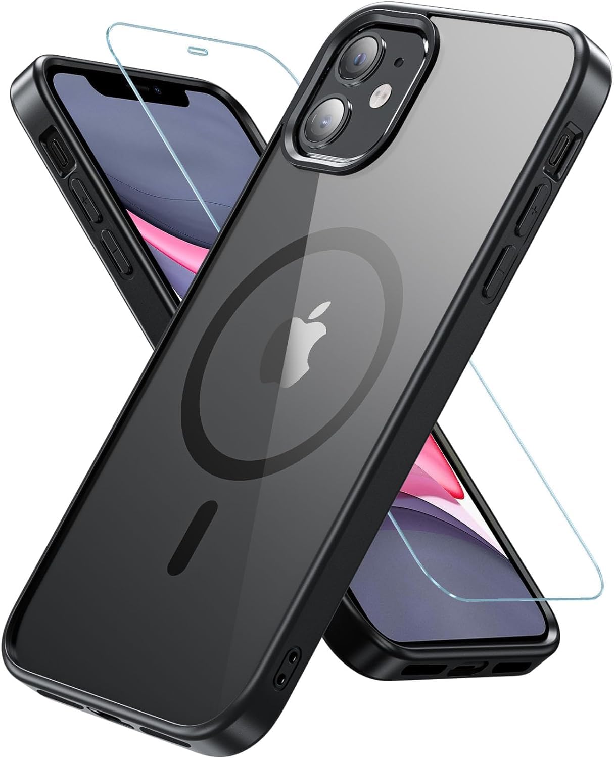 Hensinple Magnetica Cover per iPhone 11 con Vetro Temperato, Compatibile con MagSafe, Custodia Antiurto Posteriore Sottile Graffi Paraurti in TPU Bumper - Nero
