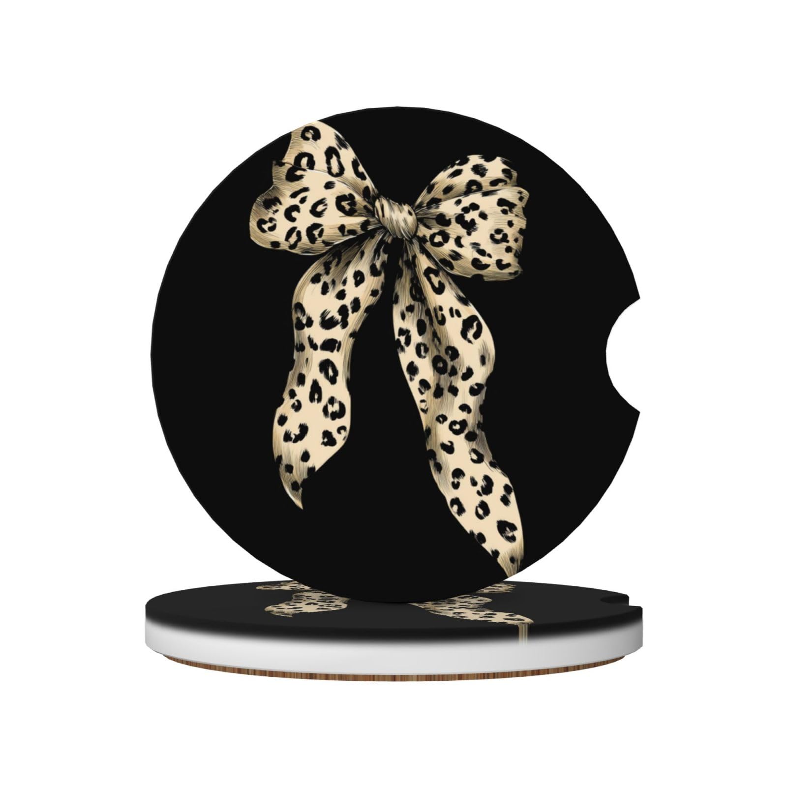 A Large Leopard Print Ribbon Bow Black Spots Ceramic Coasters,2pcs
