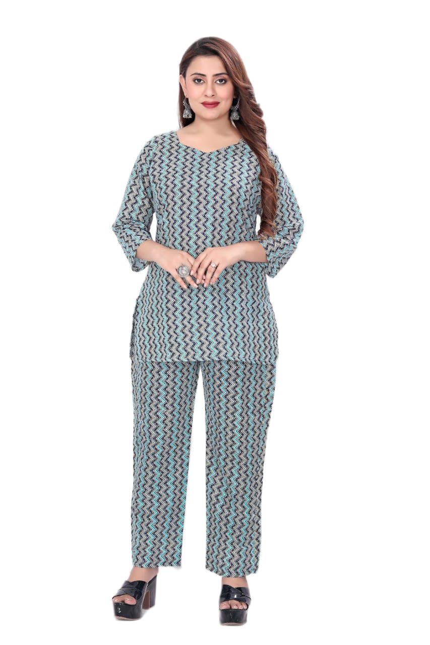 Women's Zigzag Printed Co-ord Set, Teal Blue, 3/4 Sleeve Top with Matching Trousers-image-2