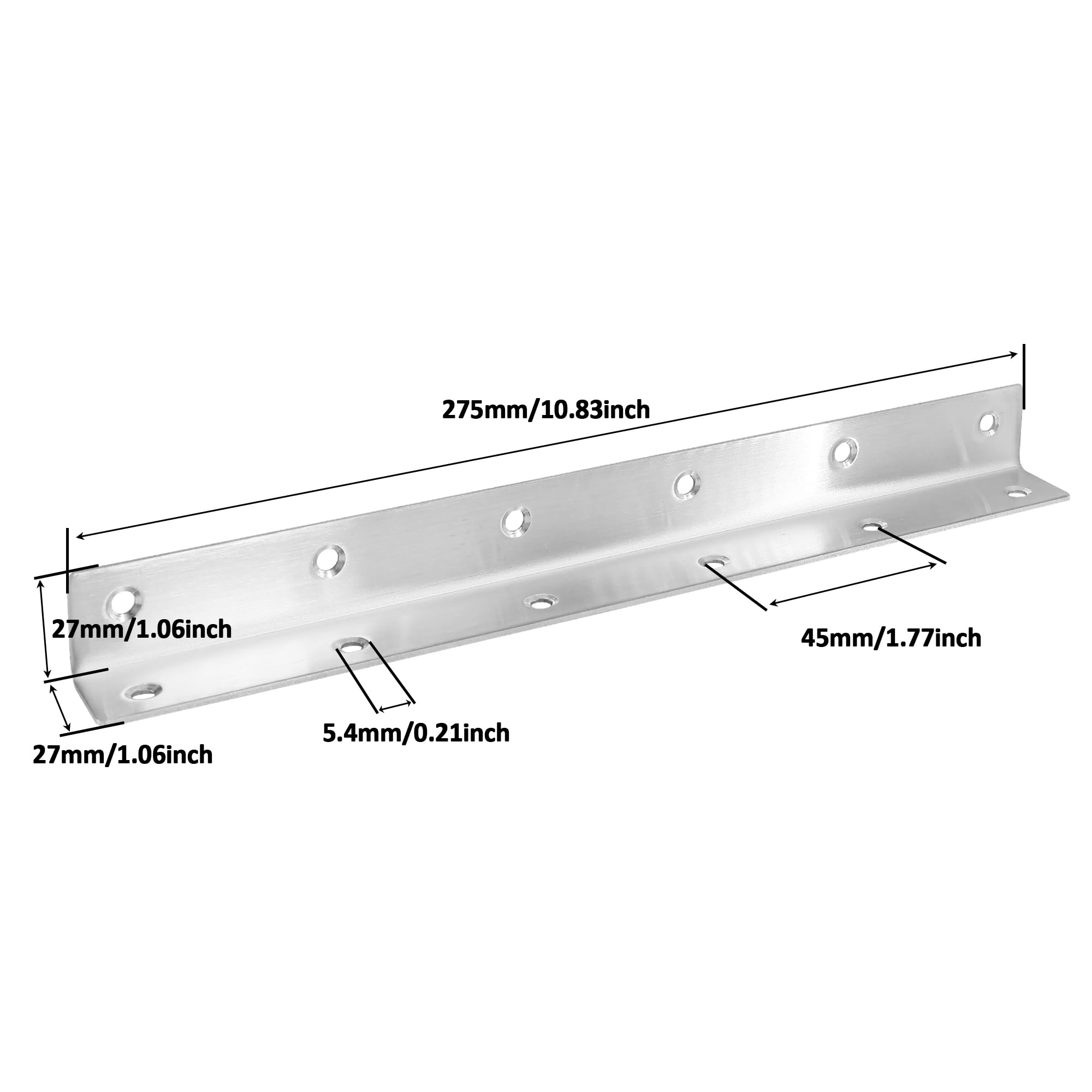 Staffa angolare a L, resistente, confezione da 20 staffe angolari in metallo da 27,4 cm, per mensole, in acciaio inox argento lucido, per legno, lunghezza totale 275 mm