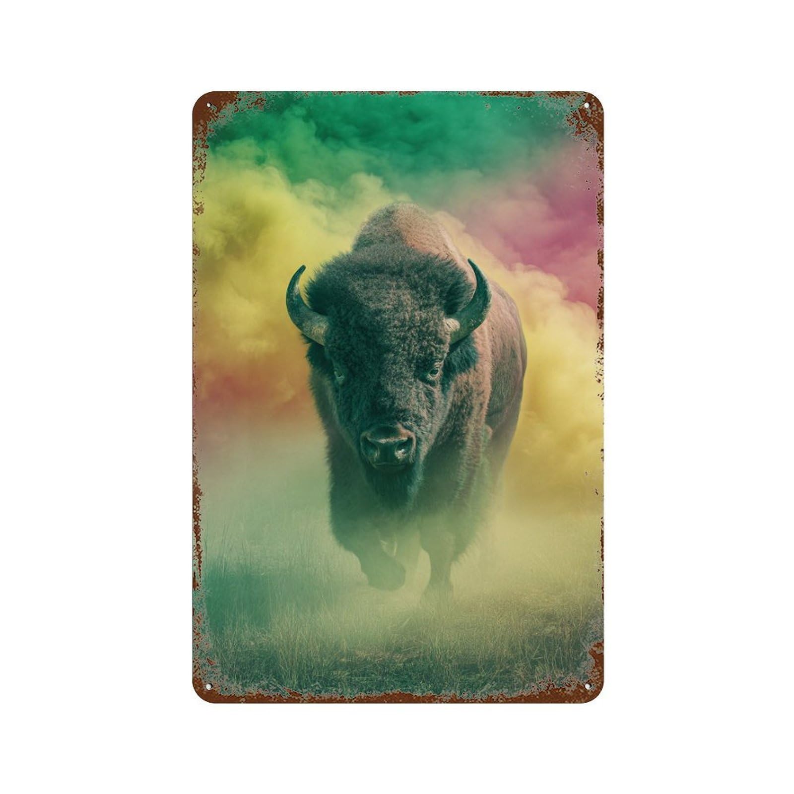 Wild Buffalo in Colorful Smoke Vintage Wall Sign 11.8"x7.9", Rust Effect Metal Decor for Shed, Workshop And Garage Wall Decor