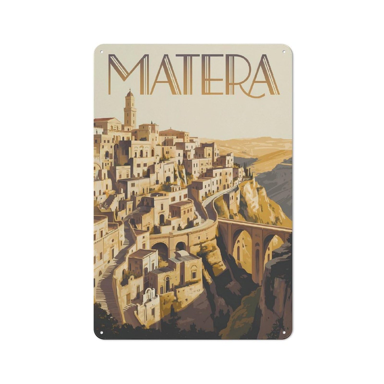 Matera Cityscape Art Print Tin Sign 30x20cm, Creative Studio Wall Plaque for Hobby Room, Office, Lounge Or Living Room