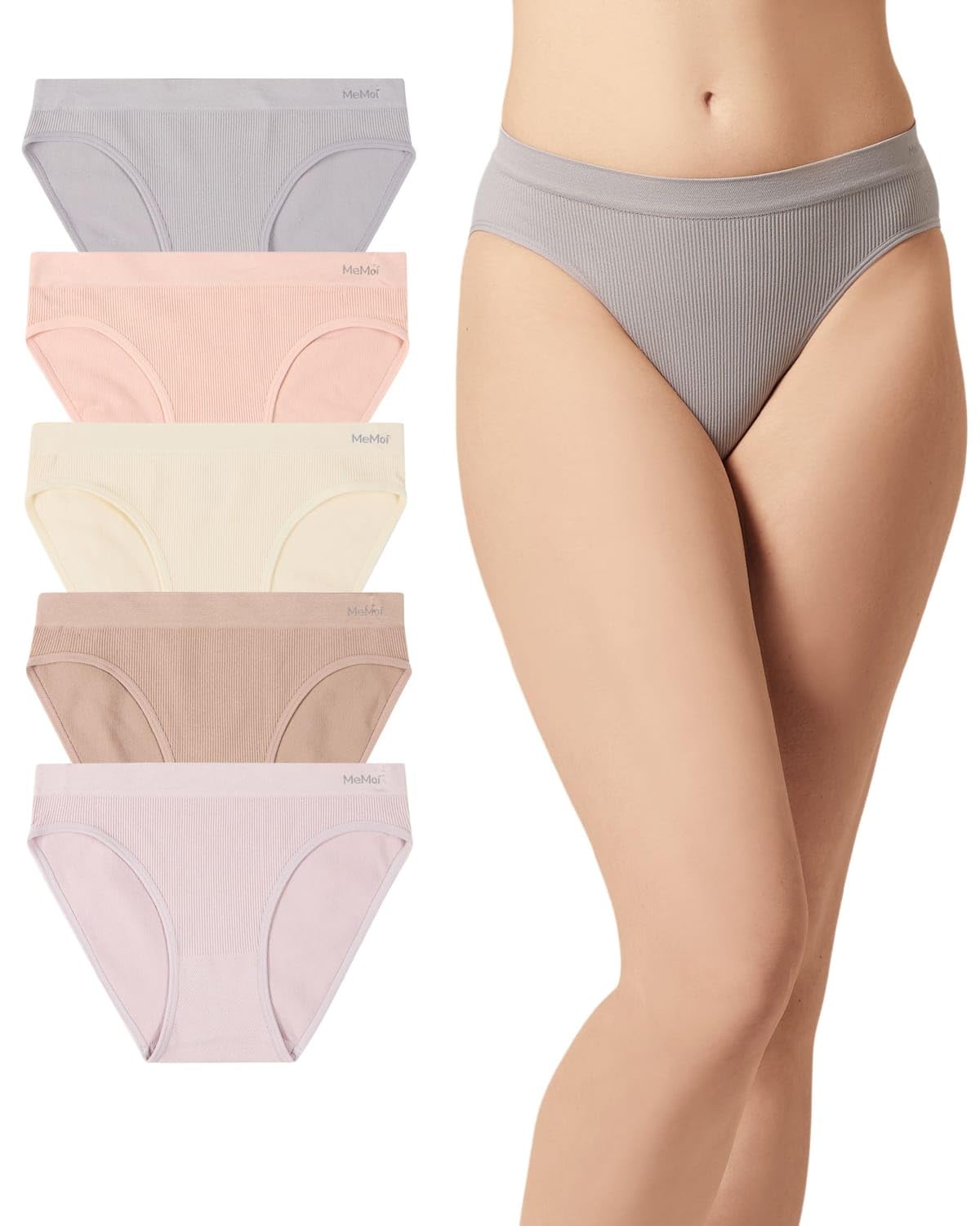 MeMoi Women's Pin Rib Seamless Bikini Panties 5 Pack, No Show Underwear