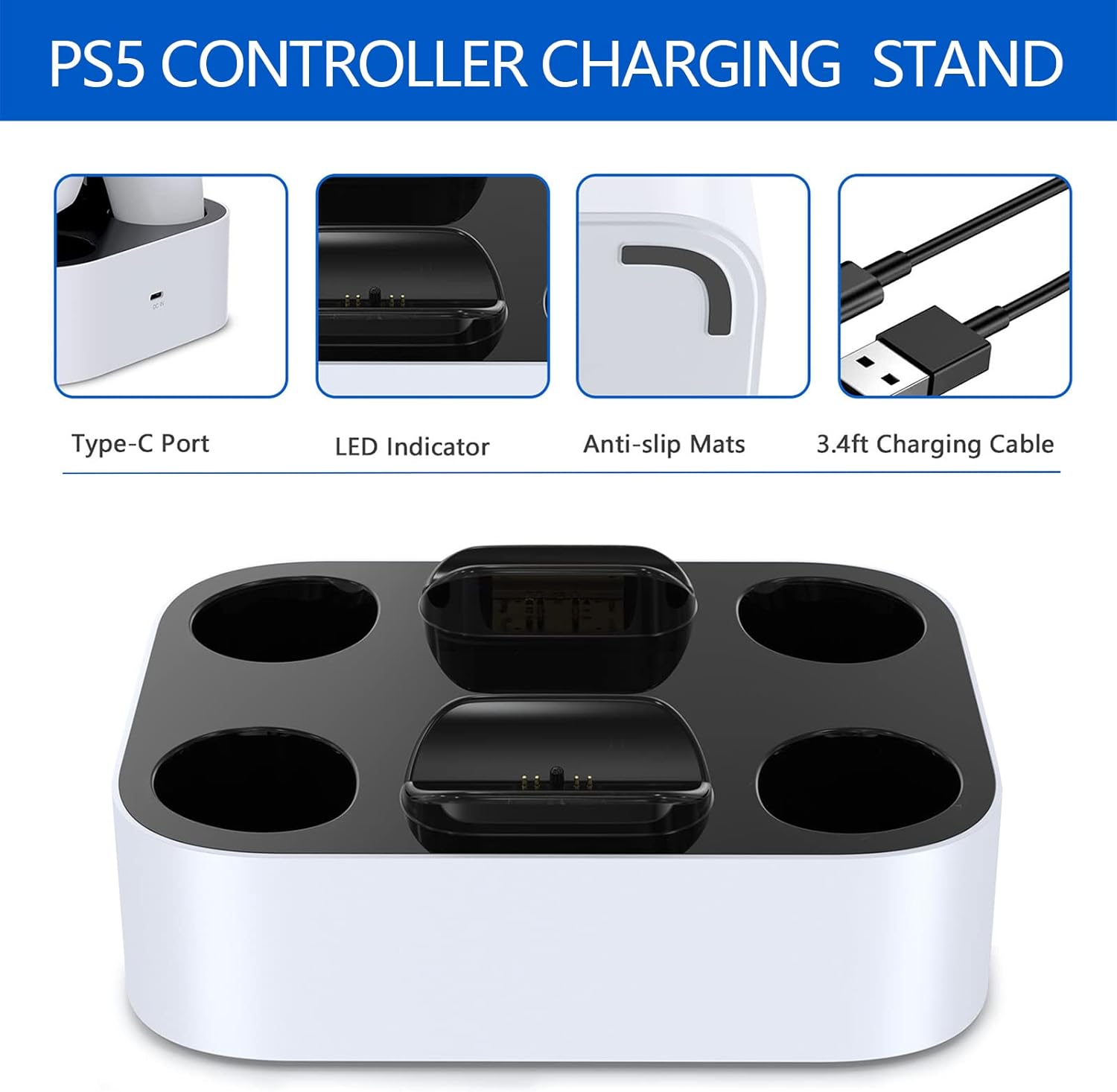 JYMEGOVR PS5 Controller Charging Station, for Playstation 5 Controllers, Fast Charging Dock 5V/3A, Controller Charger Station for Playstation 5 DualSense Wireless Controller Accessories, White