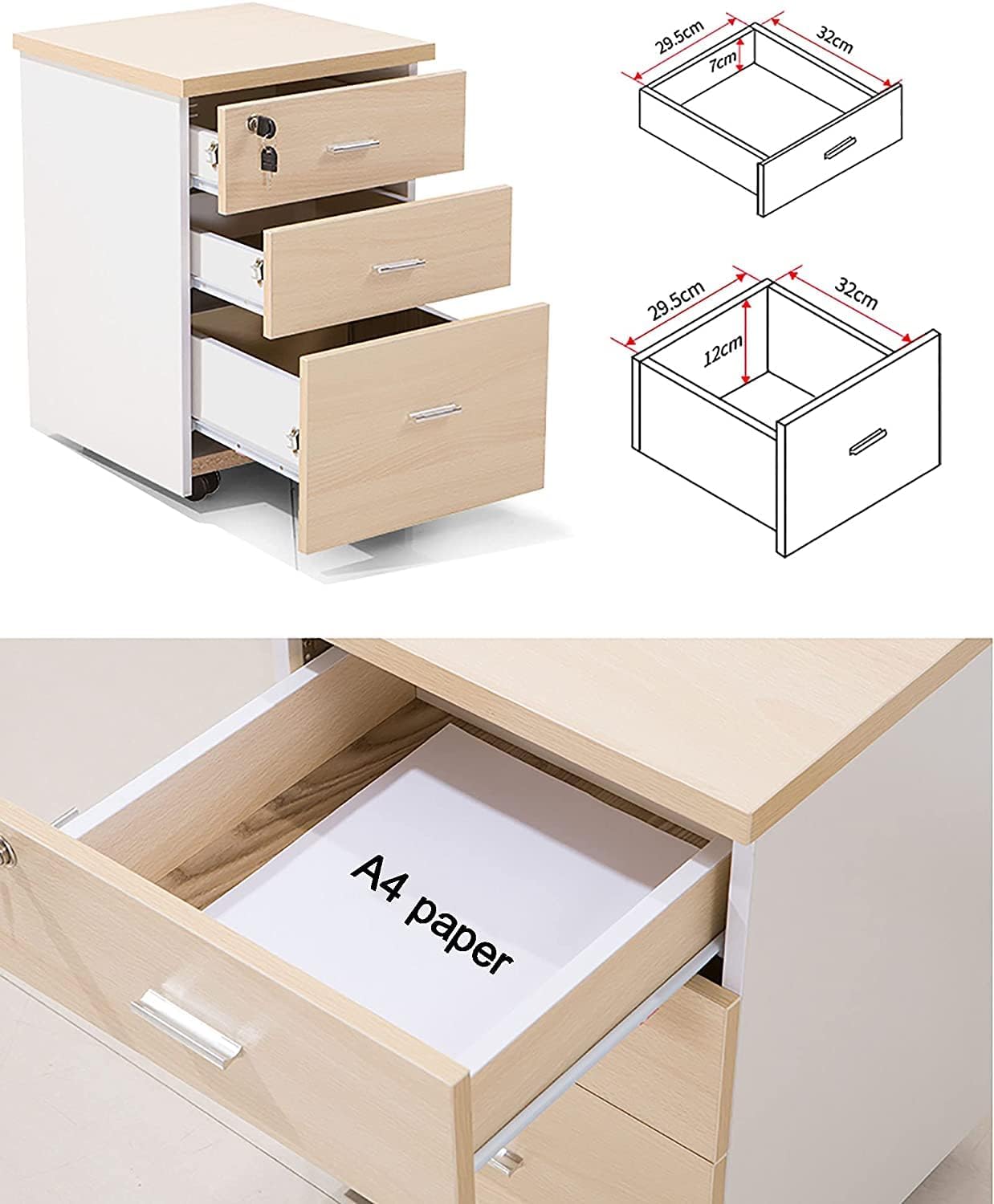 Office Desk Organizer Wooden Mobile File Cabinet with Lock and Drawers, Lockable Pedestal with Adjustable Hanging Rails, Black+White(Wood Color)