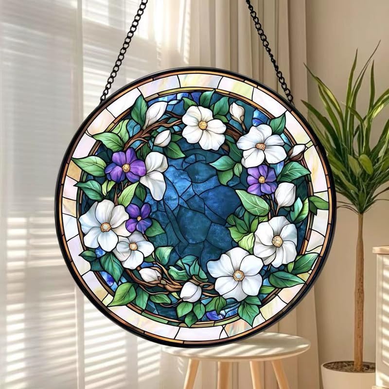 Stained Glass Floral Wreath Suncatcher Window Hanging, Elegant Flower Circle Sun Catcher, Home Window Decor Gift