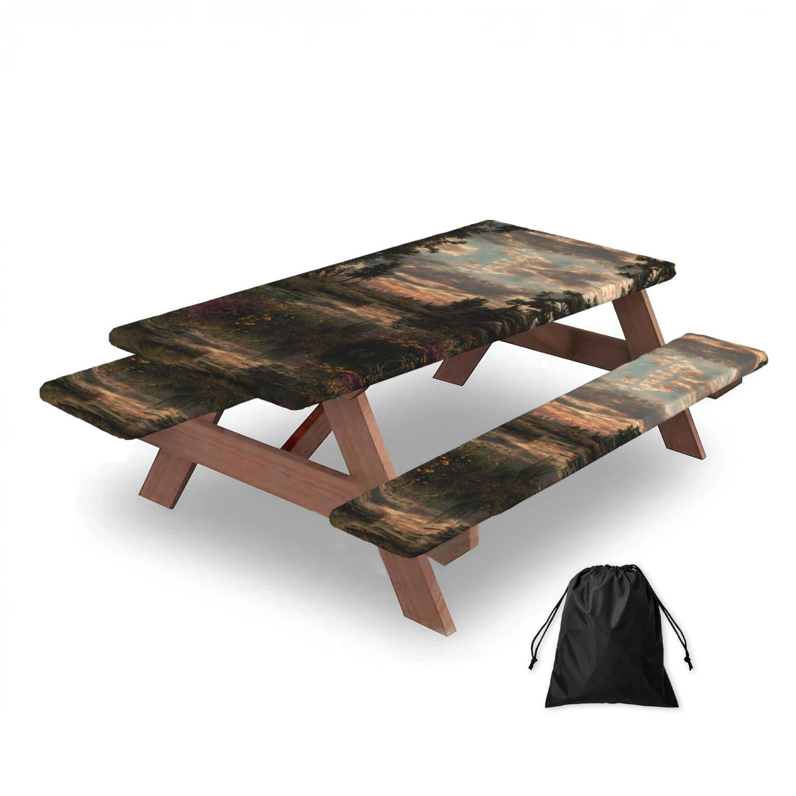 ESNAIUVCD Natural Scenery Print Picnic Table Cover With Bench Covers,Camping Essentials,Fitted Tablecloth Cover With Elastic Edge, For Indoor & Outdoor 3 Pcs